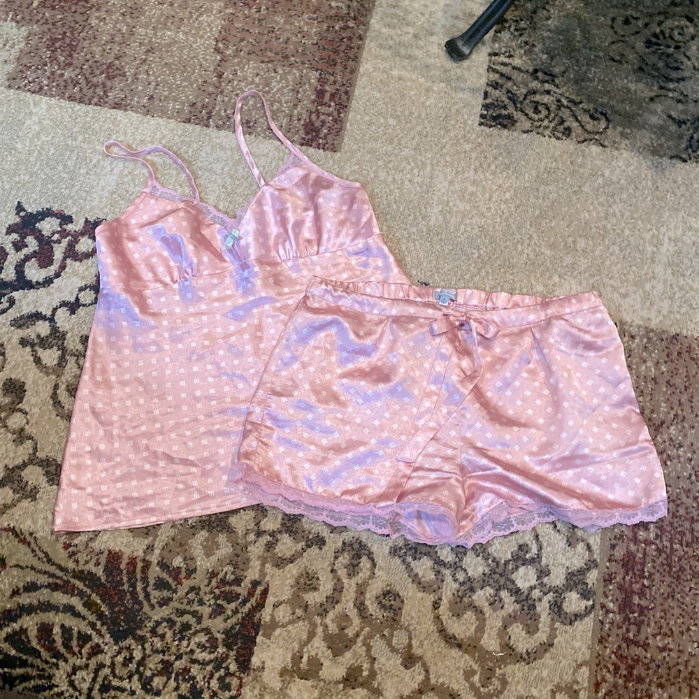 Chanteuse pink silky and lace trimmed pajama set